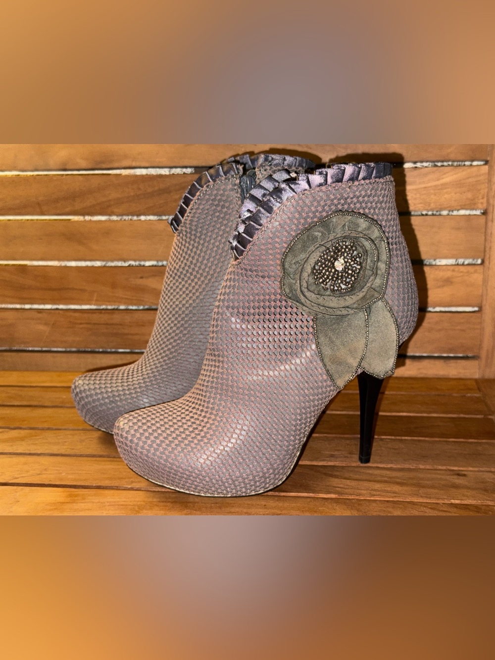 Vintage Rafaello Mesh Flower Ankle Boots Rhinestone Stiletto Booties
